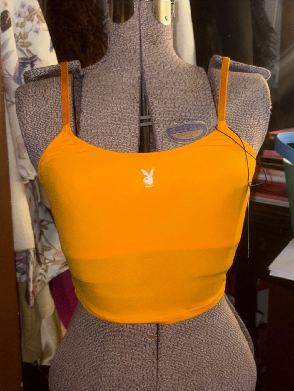 NWT PLAYBOY Orange Spaghetti-Strap Cropped Cami with White Bunny Logo